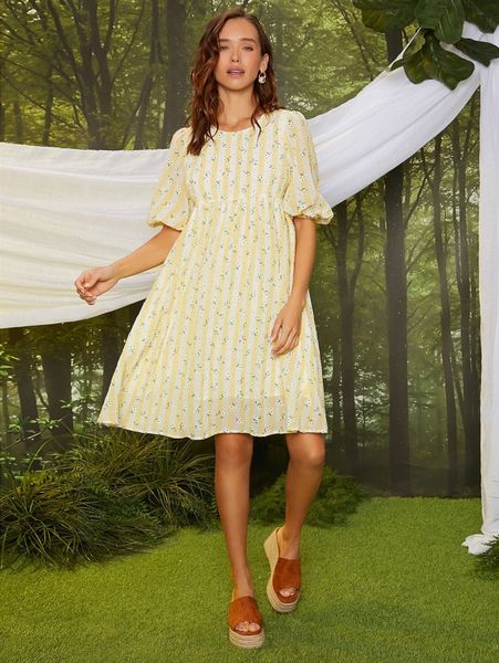 

floral bishop sleeve dress r3ng#, Black;gray