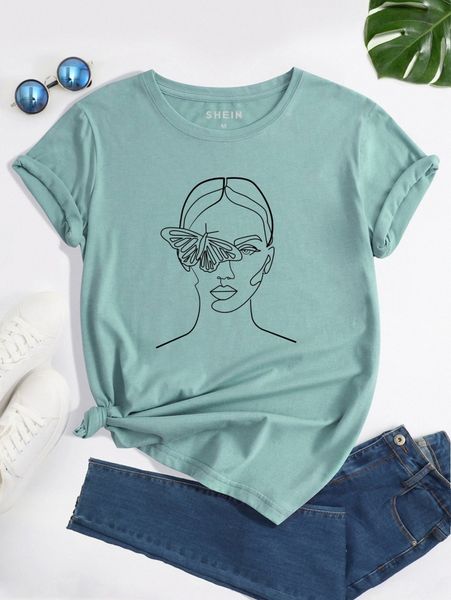 

butterfly & figure print t-shirt k14l#, White