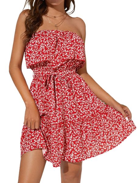 

tall ditsy floral ruffle trim belted tube dress a1i7#, Black;gray