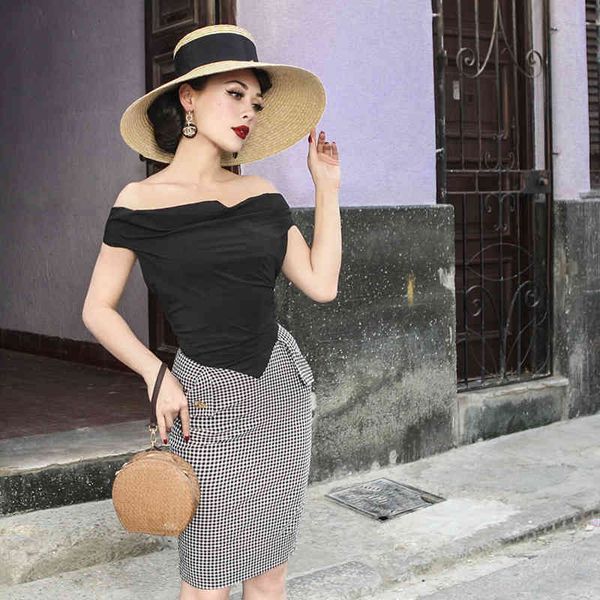 

casual dresses vintage original elegant hepburn style off shoulder thin black and white check contrast dress 8lul, Black;gray
