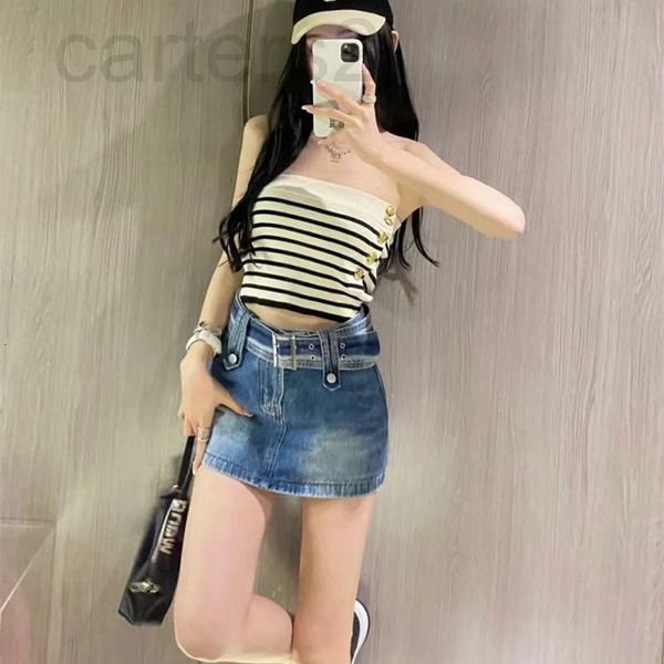 

women's knits & tees designer straight 2022 early summer new striped hypotenuse metal button knitted off shoulder strapless for women x, White