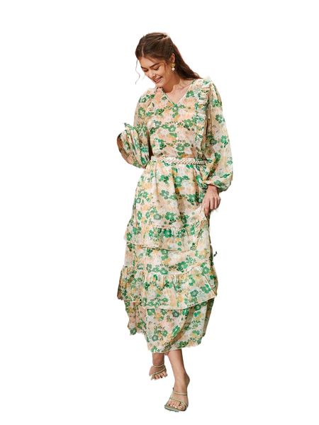 

allover floral print ruffle trim layered hem skirt without belt w3rt#, Black