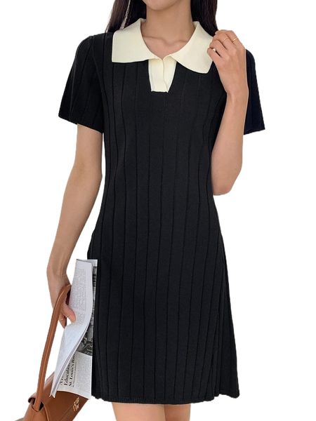 

dazy contrast collar ribbed knit sweater dress b67y#, White;black