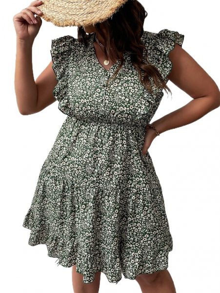 

plus ditsy floral ruffle hem dress l5je#, Black
