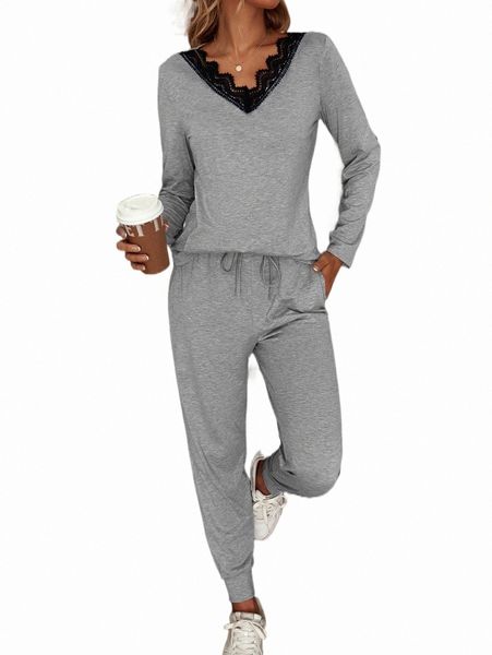 

lace trim v neck tee with sweatpants m6ms#, White