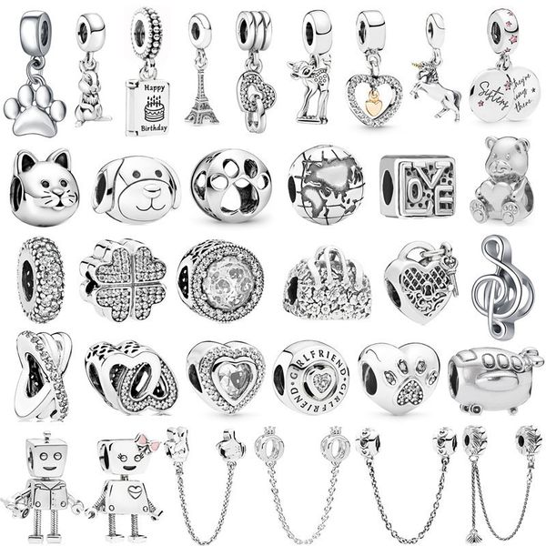 Charm-Anhänger aus 925er-Sterlingsilber, 1 Stück, neuer Tier-Fußabdruck, Musiknote, Flugzeug-Krone, Junge-Anhänger, Perle, passend für Pandora-Charm-Armbänder, DIY-Schmuckzubehör