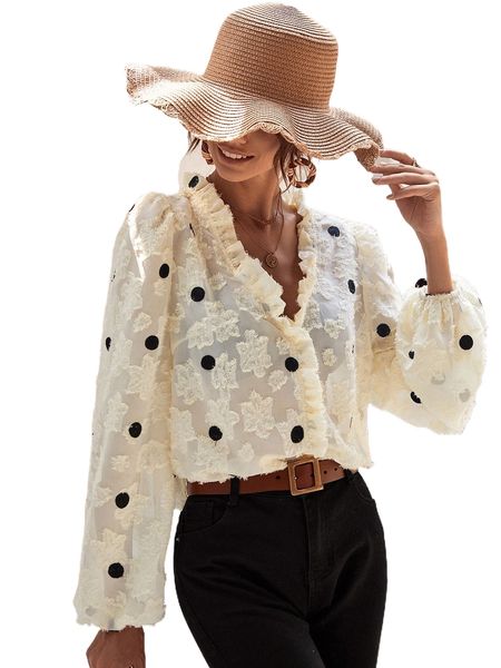

polka dot bishop sleeve fuzzy blouse t3rl#, White