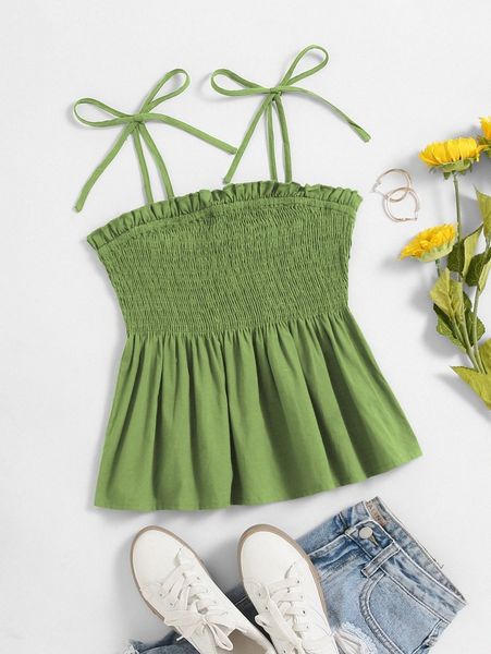 

shirred tie shoulder frill trim peplum cami o0vy#, White