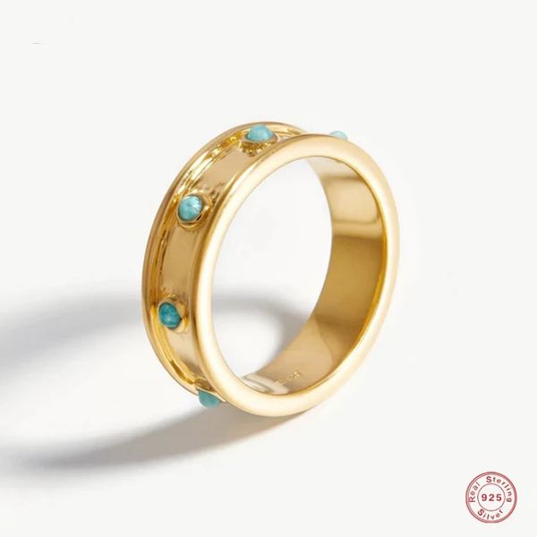 

cluster rings 925 sterling silver classic exquisite wide circle turquoise stackable finger ring for women boho trendy party fine jewelry, Golden;silver