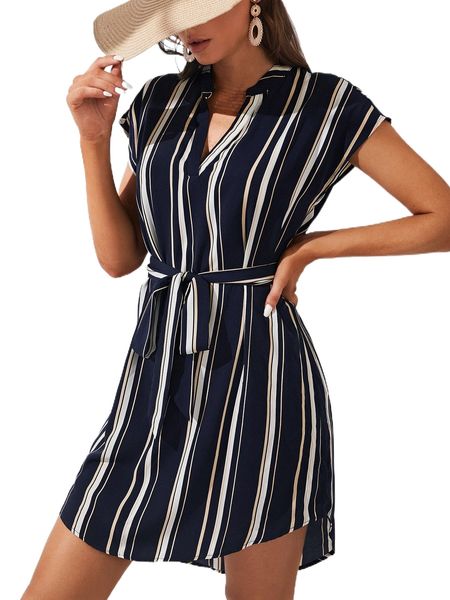

tall striped notched neck belted dress b0fh#, Black;gray