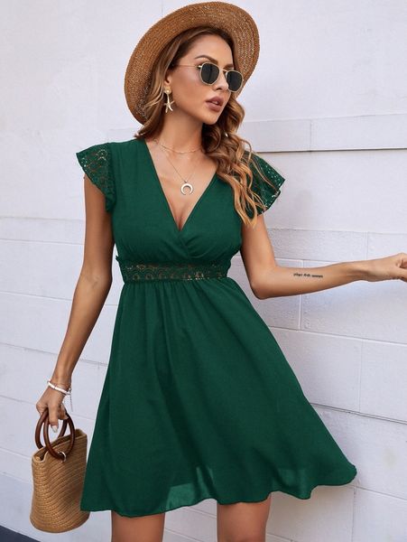 

lace panel v neck smock dress t5sb#, Black;gray