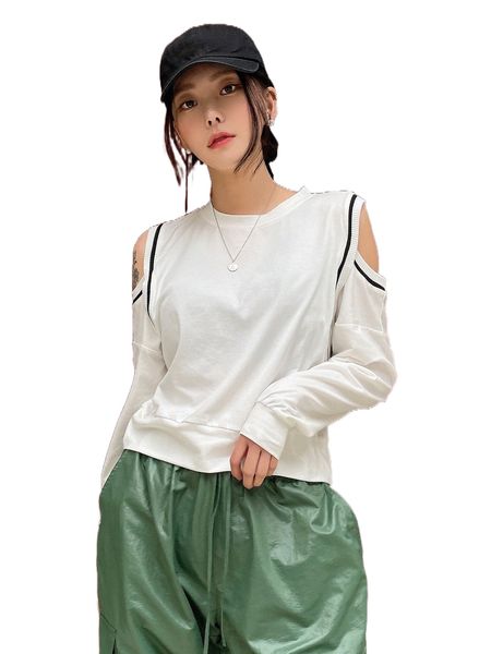 

dazy striped print cold shoulder sweatshirt h87p#, Black