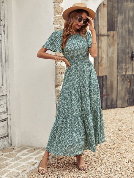 

ditsy floral print shirred waist ruffle hem dress p1mo#, Black;gray