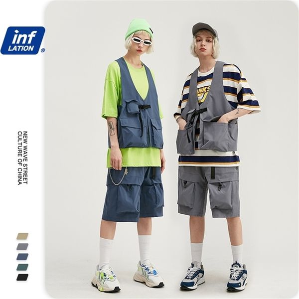 Inflation Herren Streetwear -Anzug männliche Utility -Weste Jacke in Soild Color Men Kürzer Shorts mit elastischer Taille in Khaki Farbe LJ201125