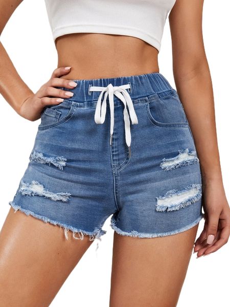 

raw hem ripped drawstring waist denim shorts a7lh#, White;black
