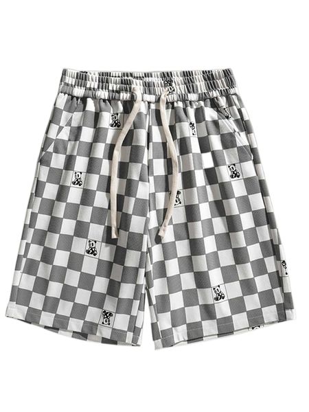 

men checkered print drawstring waist shorts b5vo#, White;black