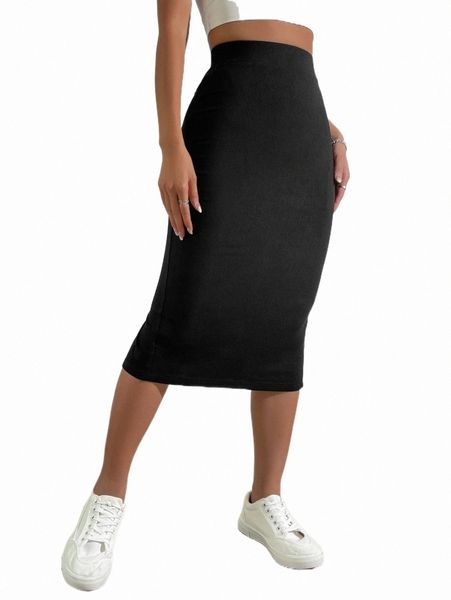 

high waist split back rib-knit skirt 71aj#, Black