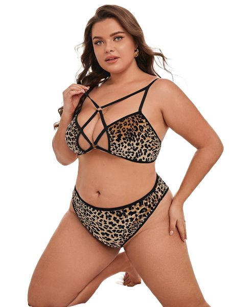 

plus leopard cross lingerie set p4ts#, Black;white