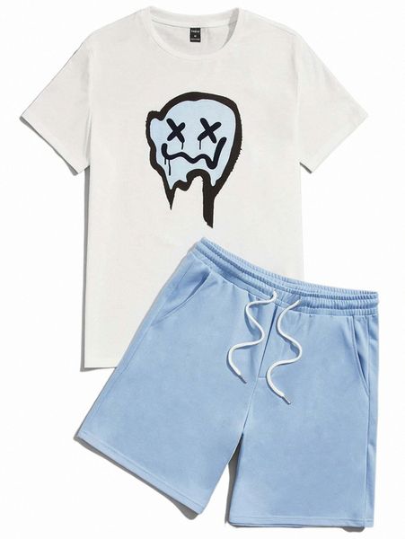 

men expression print tee & drawstring waist shorts y7gl#, Gray