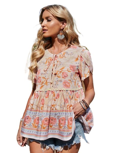 

allover print tie neck petal sleeve 29d7#, White