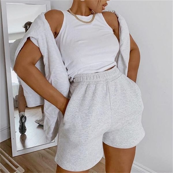 

women casual sports shorts solid color elastic waist wide leg with slant pockets female tracksuit workout bottoms 220630, White;black