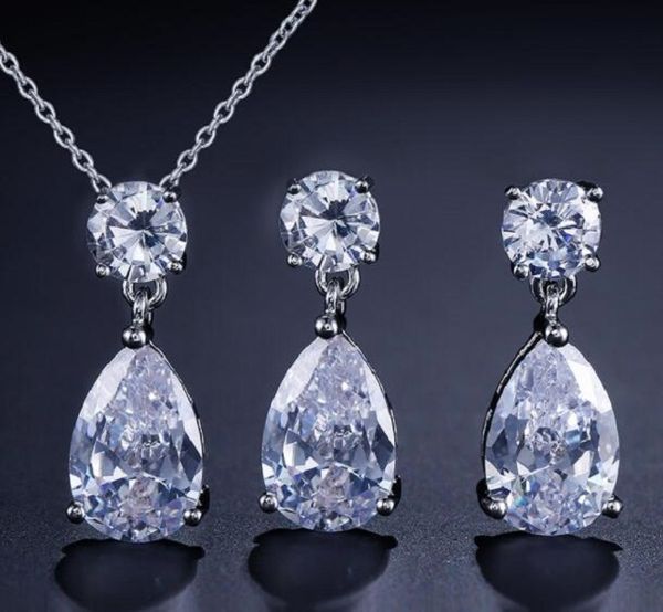

water drop necklace earrings two chains piece set with zircon set female, Silver