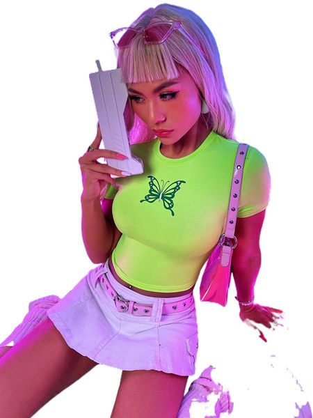 

butterfly print crop tee 589g#, White