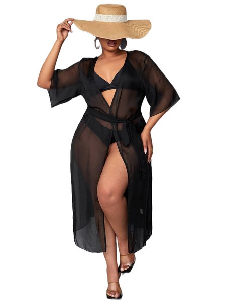 

plus see through belted kimono i0xx#, Black;gray