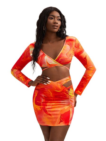 

x creative drip marble print tie back crop & skirt set b5js#, White