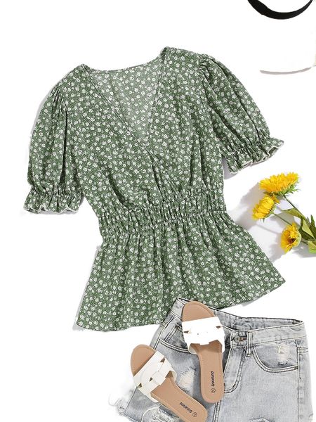 

ditsy floral print flounce sleeve peplum blouse 33y6#, White