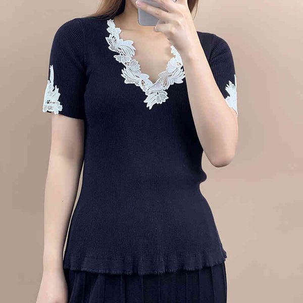 

women's polos dark blue v-neck lace hollowed out women's short sleeve summer style careful machine temperament slim elastic sweate, White