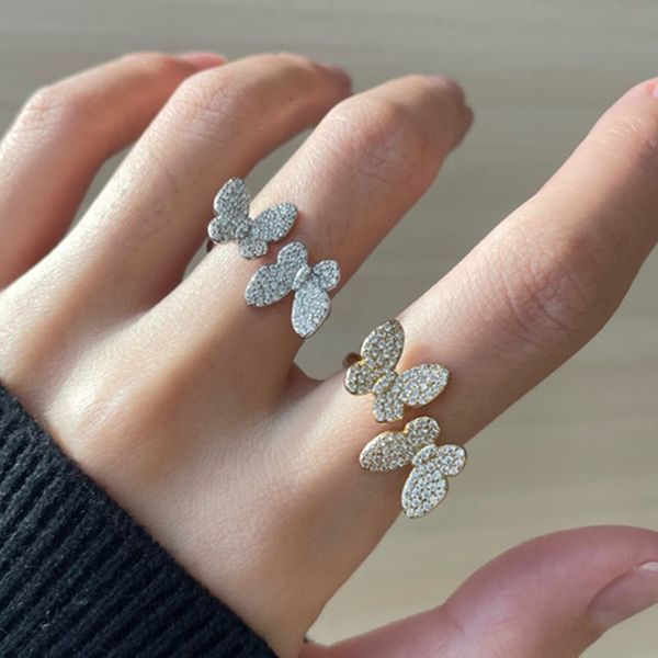 

openings ajustable graceful designer ring butterfly 925 sterling silver rings 5a cubic zirconia gold ring for woman party gift fashion jewel, Golden;silver