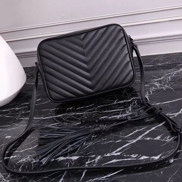 

genuine leather quilted crossbody camera bag designer black shoulder bag luxury women handbag retro design fringe zipper wallet size:23x16x6