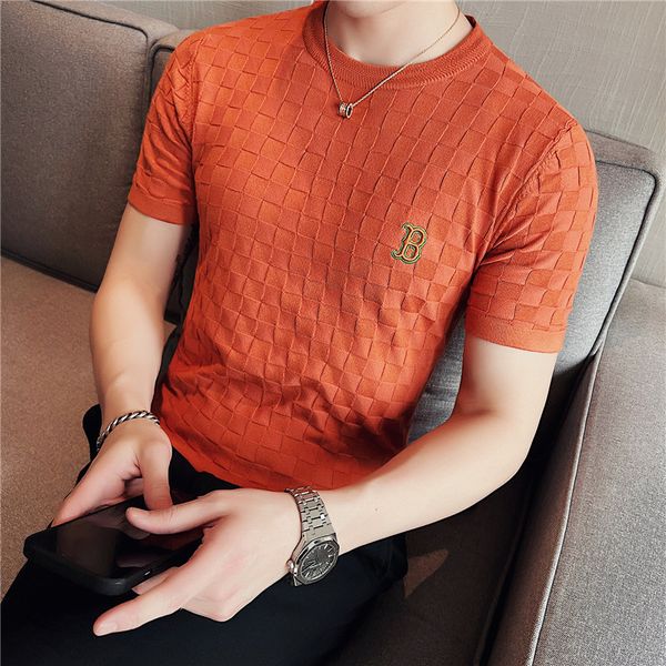 

2022 british style summer leisure men short sleeve knitting t-shirts/male slim fit plaid embroidery t-shirts knit sweaters s-4xl, White;black