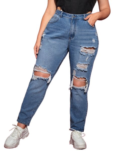 

plus high waist ripped cut out mom fit jeans k0ur#, Blue