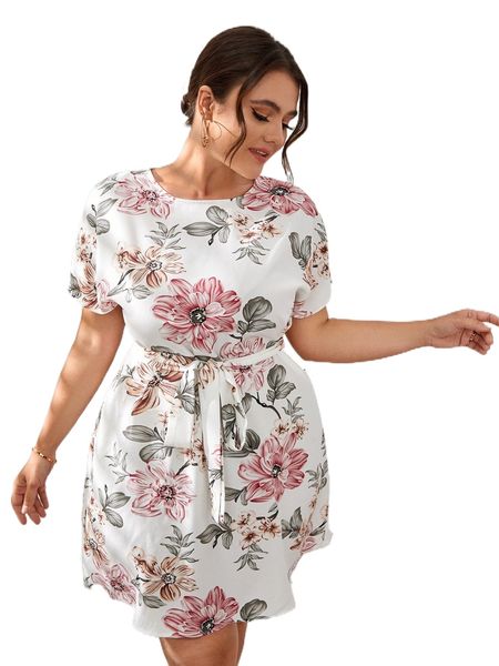 

plus floral print belted dress 50jk#, Black