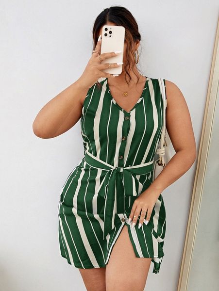 

plus striped button front belted dress p0eu#, Black