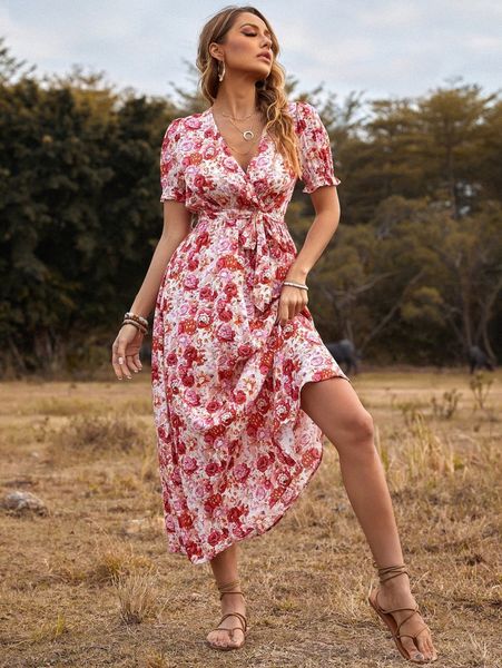 

allover floral print puff sleeve belted dress c2gg#, Black;gray