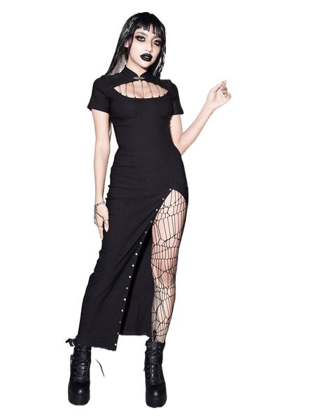 

gothic mandarin collar studded detail split thigh dress 22m6#, Black;gray