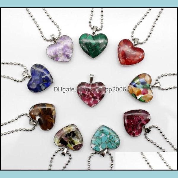 

pendant necklaces stainless steel chain gravel stone heart glass pink quartz crystal agates turquoises malachite necklac dhseller2010 dh56r, Silver