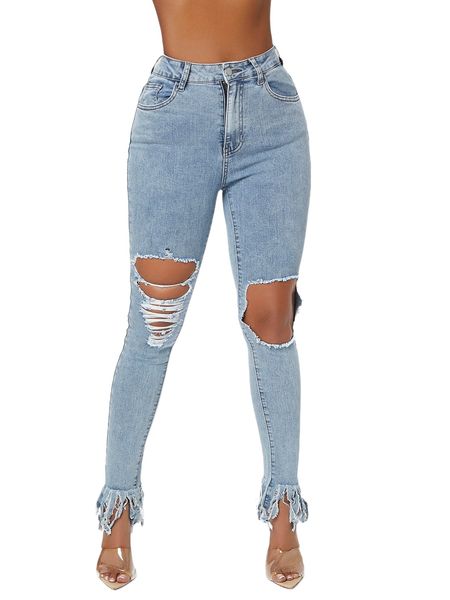 

sxy raw hem ripped skinny jeans y4oi#, Blue