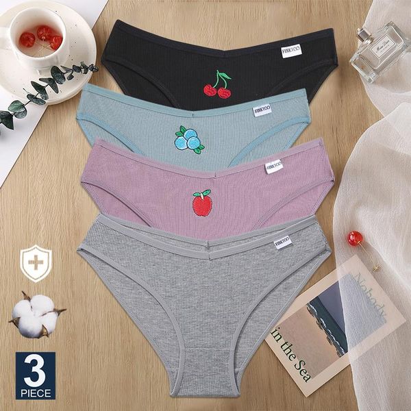 

finetoo 3pcs set women cotton embroidery fruit panties underwear v waist female -xl womans briefs pantys intimates lingerie, Black;pink