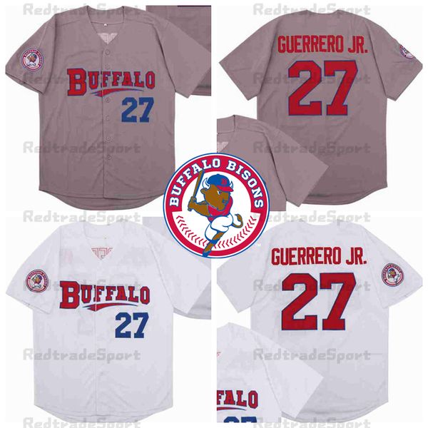 Maglie da baseball da uomo Buffalo Bisons 27 Vladimir Guerrero Jr. Camicie cucite grigie bianche S-XXXL