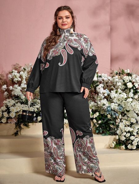 

plus paisley print high neck & wide leg pants set 79yh#, Black