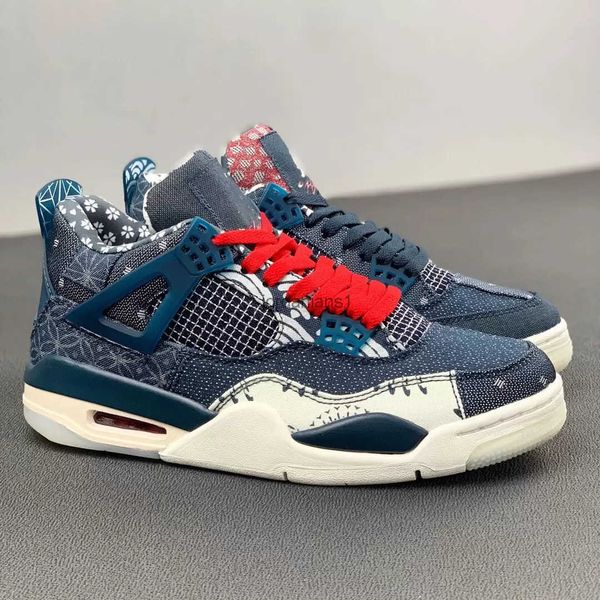 

jumpman 4 retro sashiko men/women basketball shoes deep ocean sail cement grey fire red outdoor snkrs sports with original box fast delivery, Black