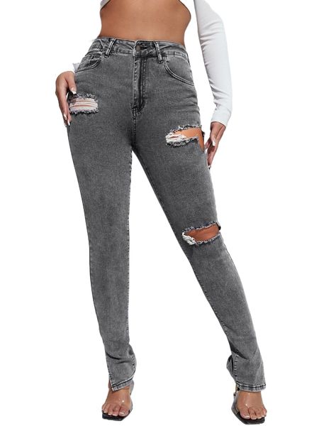

sxy ripped split hem jeans i6jb#, Blue