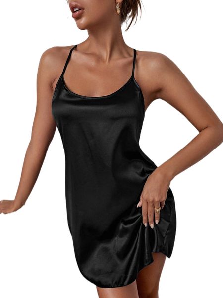 

solid satin sleep dress f8qt#, Black;red