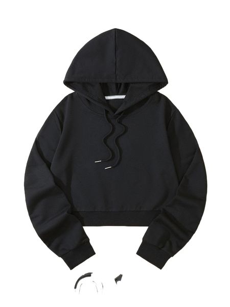 

solid drawstring crop hoodie s3a0#, Black