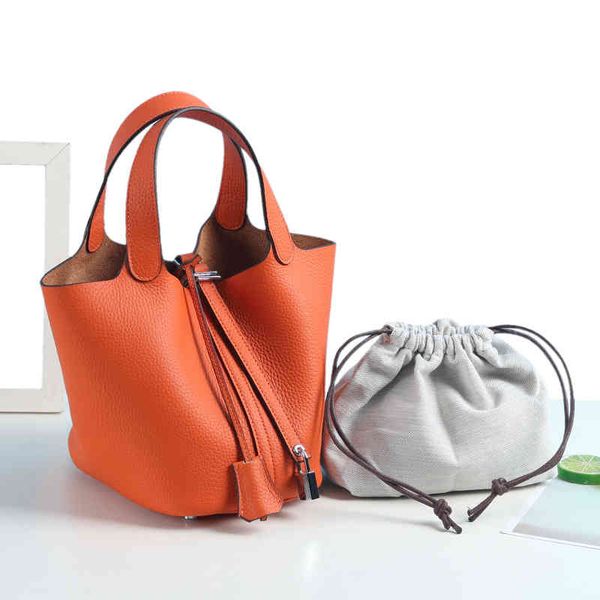 

head leather net red vegetable soft basket leather bucket litchi pattern leisure handbag women's small hand bucketbag factory