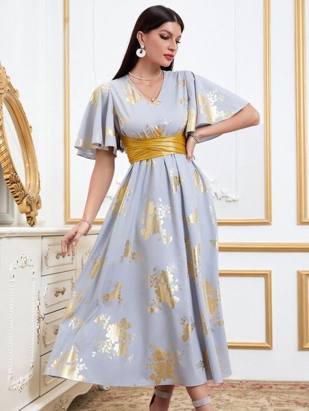 

golden floral print flutter sleeve belted dress 52et#, Black;gray